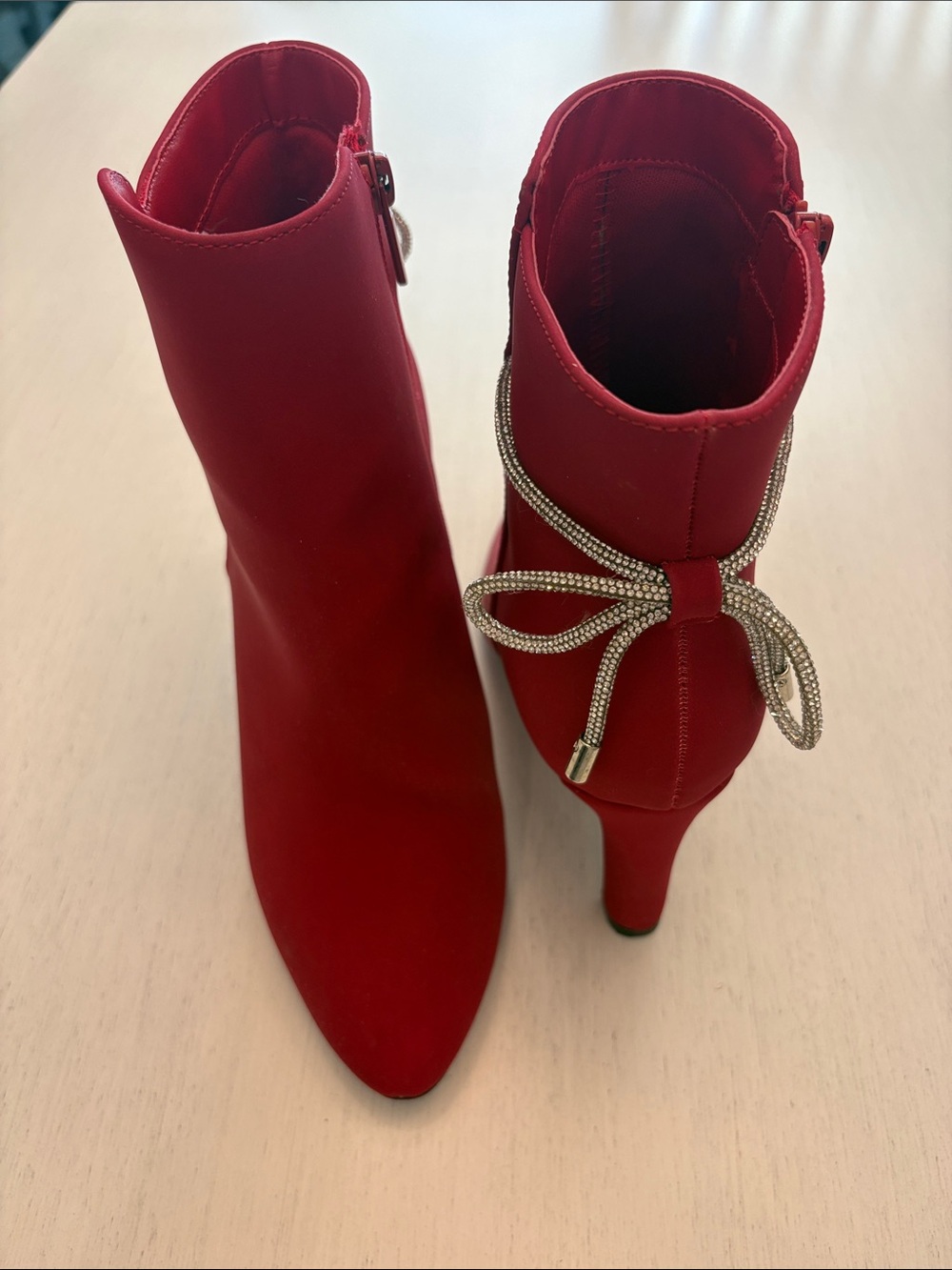 NWOT Red Women's Stiletto Ankle Boots with Rhinestone Bow